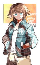Rule 34 | 1boy, asahina yuta, beige pants, blue eyes, brown background, brown hair, character name, collarbone, commentary request, cowboy shot, danganronpa (series), danganronpa another episode: ultra despair girls, dated, green jacket, hands in pockets, happy birthday, jacket, kiri (2htkz), long sleeves, looking at viewer, male focus, open clothes, open jacket, pants, shirt, short hair, smile, solo, standing, white background, white shirt