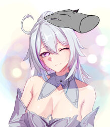 1girl ;) ahoge bare_shoulders breasts cleavage detached_collar disembodied_hand dress grey_dress hair_between_eyes head_tilt headpat highres honkai_(series) honkai_impact_3rd kiana_kaslana large_breasts long_hair looking_at_viewer off-shoulder_dress off_shoulder one_eye_closed purple_eyes rufighter86 smile upper_body white_hair