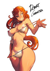 Rule 34 | 1girl, bikini pull, bikini tan, black sclera, breasts, cameltoe, character request, clothes pull, colored sclera, cowboy shot, eureka brider, grin, highres, large breasts, long hair, mismatched sclera, nail polish, navel, nipples, orange hair, orange nails, original, pulled by self, red eyes, scar, scar across eye, scar on face, smile, solo, tan, tanline, undressing, white background