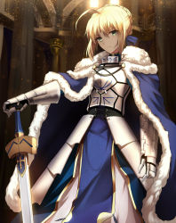 Rule 34 | 1girl, ahoge, armor, artoria pendragon (all), artoria pendragon (fate), blonde hair, blue dress, blurry, bokeh, braid, breastplate, cloak, closed mouth, depth of field, dress, excalibur (fate/stay night), fate/stay night, fate (series), faulds, french braid, frown, fur trim, gauntlets, green eyes, hair between eyes, highres, holding, holding sword, holding weapon, indoors, light particles, looking at viewer, pelvic curtain, saber (fate), shigure s, short hair with long locks, solo, standing, sword, weapon