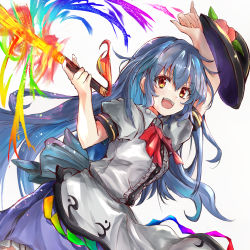 Rule 34 | 1girl, absurdres, black hat, blouse, blue bow, blue dress, blue hair, bow, dress, fire, food, fruit, hair between eyes, hands up, hat, highres, hinanawi tenshi, holding, ikazuchi akira, long hair, looking at viewer, multicolored eyes, no headwear, open mouth, peach, puffy short sleeves, puffy sleeves, rainbow, red bow, red eyes, red neckwear, shirt, short sleeves, simple background, smile, solo, sword, touhou, weapon, white background, white shirt, white sleeves, yellow eyes
