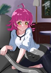 Rule 34 | 1girl, :o, absurdres, animal print, artist name, artist request, black bow, black pants, blunt bangs, blush, bow, breasts, brown eyes, buttons, cat print, chair, collarbone, drawing (object), emotive signals (love live!), female focus, gaming chair, highres, indoors, looking at viewer, love live!, love live! nijigasaki high school idol club, love live! school idol festival, love live! school idol festival all stars, no shoes, on chair, pants, parted lips, pink hair, puffy short sleeves, puffy sleeves, shirt, short hair, short sleeves, small breasts, smile, socks, solo, swivel chair, tennoji rina, white shirt, yellow eyes