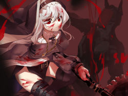 Rule 34 | 1girl, 1other, absurdres, ao oni (onioni-aoi), arknights, black capelet, black dress, black headwear, black thighhighs, blood, blood on clothes, blood on face, blood on hands, bloody weapon, capelet, circular saw, commentary, dress, habit, hair between eyes, highres, holding, holding weapon, jewelry, long hair, long sleeves, looking at viewer, necklace, nun, off-shoulder dress, off shoulder, parted lips, red eyes, saw, silhouette, silver hair, simple background, specter (arknights), thighhighs, upper body, weapon