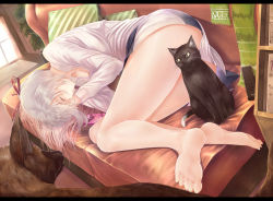 Rule 34 | 1girl, bare legs, barefoot, cat, couch, dog, feet, foreshortening, legs, letterboxed, long legs, lying, on side, original, silver hair, sleeping, soles, solo, sts, toes