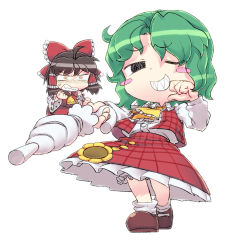 Rule 34 | 2girls, abua, angry, ascot, blush stickers, bow, brown hair, chibi, clenched hands, clenched teeth, closed umbrella, detached sleeves, female focus, flower, foreshortening, green hair, grin, hair bow, hair tubes, hakurei reimu, japanese clothes, kazami yuuka, mary janes, miko, multiple girls, one eye closed, plaid, plaid skirt, plaid vest, sharp teeth, shoes, short hair, simple background, skirt, skirt set, smile, socks, sunflower, teeth, touhou, umbrella, vest, white background