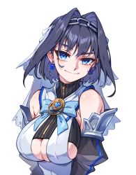 Rule 34 | 1girl, artist name, bare shoulders, blue eyes, blue hair, border, bow, bow earrings, bowtie, breasts, chain, earrings, hair between eyes, hair intakes, highres, holocouncil, hololive, hololive english, jewelry, large breasts, looking at viewer, lw goombang, ouro kronii, simple background, smile, solo, twitter username, underboob, upper body, virtual youtuber, watermark, white background