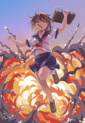 Rule 34 | 1girl, absurdres, arms up, bag, bag charm, blue sailor collar, blue skirt, bread, bread slice, breasts, briefcase, brown eyes, brown footwear, brown hair, charm (object), check commentary, clenched hands, collarbone, commentary request, explosion, floating, food, food in mouth, full body, hair between eyes, highres, holding, holding bag, late for school, looking at viewer, medium breasts, midriff peek, mouth hold, navel, neckerchief, nikulas cage, original, pleated skirt, red neckerchief, sailor collar, school briefcase, school uniform, serafuku, shoes, short sleeves, sidelocks, skirt, socks, solo, toast, toast in mouth, white serafuku, white socks
