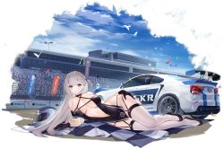 Rule 34 | 1girl, animal, arm support, azur lane, bare arms, bare hips, bare shoulders, bird, black dress, black footwear, black gloves, blue eyes, blue sky, breasts, car, center opening, checkered flag, cleavage, clothes writing, collarbone, company name, criss-cross halter, day, dress, enka (bcat), flag, gloves, halter dress, halterneck, hand on own hip, unworn headwear, helmet, unworn helmet, highres, large breasts, long hair, looking at viewer, lying, mole, mole under eye, motor vehicle, navel, official alternate costume, official art, on ground, on side, one side up, outdoors, race queen, race vehicle, racecar, revealing clothes, short dress, shoukaku (azur lane), shoukaku (sororal wings) (azur lane), silver hair, skindentation, sky, sleeveless, sleeveless dress, solo, thighhighs, transparent background, very long hair, white thighhighs