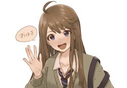 Rule 34 | 1girl, :d, \||/, ahoge, blue eyes, blue necktie, blush, brown cardigan, brown hair, cardigan, collarbone, collared shirt, commentary request, hair over shoulder, hand up, idolmaster, idolmaster million live!, long hair, long sleeves, looking at viewer, loose necktie, lower teeth only, necktie, nose blush, open collar, open mouth, shirt, shoulder strap, sidelocks, simple background, smile, solo, speech bubble, striped necktie, swept bangs, tanupon, teeth, thick eyelashes, tokoro megumi, translation request, upper body, waving, white background, white shirt