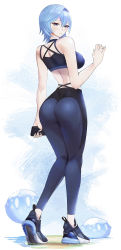 Rule 34 | 1girl, alternate costume, ass, bare shoulders, blue hair, blush, breasts, cellphone, eula (genshin impact), from behind, genshin impact, hair between eyes, hairband, highres, large breasts, leggings, looking at viewer, parted lips, phone, red eyes, shiny clothes, shiny skin, shoes, short hair, sideboob, slime (genshin impact), sneakers, solo, sports bra, tommy (kingdukeee)