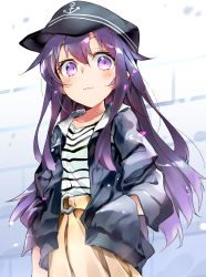 Rule 34 | 1girl, absurdres, akatsuki (kancolle), alternate costume, anchor symbol, artist name, belt, black hat, black jacket, casual, dated, flat cap, hair between eyes, hands in pockets, hat, highres, jacket, kantai collection, long hair, looking at viewer, messy hair, narumiya (empty cafe), purple eyes, purple hair, shirt, solo, striped clothes, striped shirt