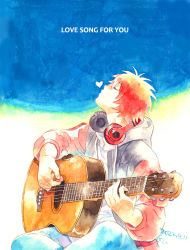 Rule 34 | 1boy, acoustic guitar, black jacket, blue pants, drawstring, english text, closed eyes, facing up, feet out of frame, guitar, headphones, headphones around neck, heart, holding, holding plectrum, hood, hood down, hooded jacket, hoodie, instrument, ittoki otoya, jacket, male focus, multicolored clothes, multicolored jacket, music, pants, playing instrument, plectrum, puckered lips, red hair, red jacket, rocni, short hair, sitting, solo, two-tone jacket, uta no prince-sama, white hoodie