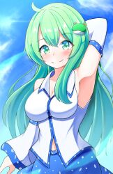 Rule 34 | 1girl, ahoge, arm behind head, arm up, armpits, blue skirt, blue sky, breasts, cleavage, closed mouth, collared shirt, commentary, frog hair ornament, green eyes, green hair, gyuta, hair ornament, highres, kochiya sanae, large breasts, long hair, looking at viewer, outdoors, shirt, sidelocks, skirt, sky, smile, snake hair ornament, solo, touhou, white shirt