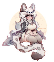 Rule 34 | 1girl, :&lt;, animal ear fluff, animal ears, arknights, artist name, between legs, black cape, blush, braid, breasts, cape, dress, grey eyes, grey thighhighs, hair between eyes, hand between legs, highres, invisible chair, jewelry, large breasts, leopard ears, leopard girl, leopard tail, long hair, looking at viewer, necklace, pramanix (arknights), sharktuna, side braids, simple background, sitting, solo, tail, thighhighs, thighs, tiara, turtleneck, very long hair, watch, wavy hair, white background, white dress, white hair, wristwatch