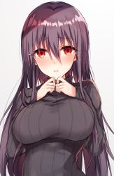 Rule 34 | 1girl, black sweater, blush, breasts, commentary request, grey background, hair between eyes, hands up, highres, kinona, large breasts, long sleeves, nose blush, original, parted lips, purple hair, red eyes, ribbed sweater, simple background, sleeves past wrists, solo, sweater, turtleneck, turtleneck sweater, upper body