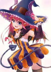 Rule 34 | 10s, 1girl, :d, blue eyes, choker, commentary request, detached sleeves, dress, elizabeth bathory (fate), elizabeth bathory (fate/extra ccc), elizabeth bathory (halloween caster) (fate), fate/extra, fate/extra ccc, fate/grand order, fate (series), halloween, hat, highres, horns, long hair, looking at viewer, open mouth, pink hair, pointy ears, racchi., smile, solo, striped clothes, striped dress, tail, vertical-striped clothes, vertical-striped dress, witch hat