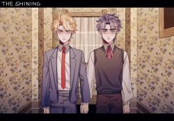 Rule 34 | 2boys, arms at sides, blonde hair, blue eyes, blue hair, blue jacket, closed mouth, commentary request, copyright name, dio brando, ear birthmark, grady sisters (the shining), hako iix07, holding hands, indoors, jacket, jojo no kimyou na bouken, jonathan joestar, long sleeves, looking at viewer, male focus, multiple boys, necktie, pants, phantom blood, red necktie, shirt, short hair, smile, standing, the shining, vest, white shirt, yellow eyes