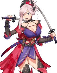 Rule 34 | 1girl, bare shoulders, blue eyes, breasts, cleavage, fate/grand order, fate (series), highres, holding, holding sword, holding weapon, japanese clothes, katana, kimono, large breasts, light purple hair, long hair, looking at viewer, miyamoto musashi (fate), miyamoto musashi (second ascension) (fate), open mouth, over shoulder, ryairyai, smile, solo, sword, sword over shoulder, weapon, weapon over shoulder, white background