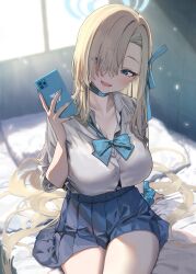 Rule 34 | 1girl, absurdres, aqua bow, aqua bowtie, asuna (blue archive), asymmetrical bangs, baffu, bed sheet, blonde hair, blue archive, blue skirt, blush, bow, bowtie, breasts, cellphone, choker, cleavage, collarbone, hair over one eye, halo, head tilt, highres, holding, holding phone, indoors, large breasts, light particles, long bangs, long hair, looking at viewer, loose bowtie, on bed, open collar, phone, pillow, pleated skirt, school uniform, scrunchie, shirt, shirt tucked in, sitting, skirt, smile, solo, sunlight, very long hair, white shirt, wrist scrunchie