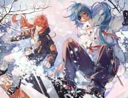 Rule 34 | 2boys, bare tree, black gloves, black jacket, blue eyes, blue hair, branch, brothers, contemporary, diluc (genshin impact), eyepatch, from below, genshin impact, gloves, grin, highres, hood, jacket, kaeya (genshin impact), kkkktzr1, long hair, looking at another, looking at viewer, male focus, multiple boys, overcast, pants, parted lips, ponytail, red eyes, red hair, serious, shoes, siblings, sky, smile, sneakers, snow, snowboard, snowboarding, snowing, teeth, tree, white gloves, white jacket