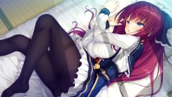 Rule 34 | 1girl, :o, aino miori, blue eyes, blush, from above, game cg, highres, long hair, long sleeves, lying, mikagami mamizu, miniskirt, no shoes, official art, on bed, on side, panties, panties under pantyhose, pantyhose, pieces / wataridori no somnium, red hair, skirt, solo, tatami, thighband pantyhose, underbust, underwear