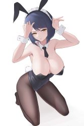 Rule 34 | 1girl, absurdres, animal ears, black hair, black leotard, black pantyhose, breasts, cleavage, closed mouth, detached collar, fake animal ears, full body, genshin impact, hands up, highres, kneeling, kujou sara, large breasts, leotard, looking at viewer, maid headdress, necktie, no shoes, pantyhose, playboy bunny, rabbit ears, rabbit pose, rabbit tail, short hair, short necktie, simple background, solo, tail, thighs, ultra-13, white background, wrist cuffs, yellow eyes