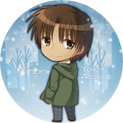 Rule 34 | 1boy, aizawa yuuichi, brown eyes, brown hair, character name, chibi, closed mouth, coat, copyright name, from behind, green coat, grey pants, hair between eyes, hand in pocket, hood, hood down, hooded coat, kanon, looking at viewer, looking back, male focus, nakamura hinato, pants, round image, smile, solo, white background