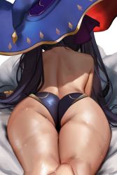 Rule 34 | 1girl, absurdres, artist name, ass, back, bare back, bare shoulders, black hair, black legwear, blue hat, from behind, genshin impact, hat, highres, hu dako, huge ass, mona (genshin impact), patreon username, solo, thick thighs, thighs, third-party edit, twintails, witch hat
