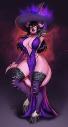 Rule 34 | 1girl, arm behind head, artist name, black choker, black hair, black lips, breasts, choker, cleavage, colored skin, covered erect nipples, detached sleeves, draenei, dress, empty eyes, full body, glowing, glowing eyes, goat horns, hat, highres, hooves, horns, kinky queen, large breasts, long hair, looking at viewer, pelvic curtain, pink horns, pink skin, pointy ears, purple dress, purple hat, purple sleeves, purple thighhighs, solo, tail, thick thighs, thighhighs, thighs, warcraft, witch hat, world of warcraft