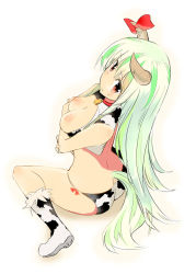 Rule 34 | 1girl, animal print, bell, boots, breast hold, breasts, butt crack, cleavage, cow print, cowbell, ex-keine, female focus, from behind, full body, green hair, horn ornament, horn ribbon, horns, kamishirasawa keine, large breasts, long hair, looking at viewer, looking back, panties, puuakachan, red eyes, ribbon, simple background, sitting, sleeveless, solo, tail, touhou, underwear, wariza, white background