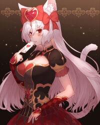 Rule 34 | 1girl, absurdres, animal ear fluff, animal ears, black dress, bow, bracer, breasts, cat ears, cat girl, cat tail, cleavage, dress, grey hair, hair between eyes, hair bow, highres, king&#039;s raid, kirze, large breasts, long hair, looking at viewer, puffy short sleeves, puffy sleeves, red bow, red eyes, shirakami fubuki (1st costume), short sleeves, solo, tail, yu mochi (kamiinu)