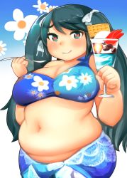 Rule 34 | 10s, 1girl, :q, absurdres, aqua eyes, aqua hair, bikini, blue bikini, blush, breasts, closed mouth, fat, floral background, floral print, food, fusa (starless2323), gradient background, hair ribbon, heart, heart-shaped pupils, highres, holding, holding food, holding spoon, isuzu (kancolle), kantai collection, large breasts, long hair, looking at viewer, muffin top, navel, parfait, ribbon, sarong, single-shoulder bikini, smile, solo, spoon, swept bangs, swimsuit, symbol-shaped pupils, tongue, tongue out, twintails, very long hair, white ribbon