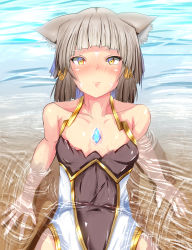 Rule 34 | 1girl, absurdres, animal ears, awestruck, blunt bangs, blush, cat ears, crystal, facial mark, flat chest, hair ornament, highres, in water, looking at viewer, looking up, nia (blade) (xenoblade), nia (xenoblade), nintendo, ocean, shindayomon, short hair, silver hair, sitting, spoilers, swimsuit, xenoblade chronicles (series), xenoblade chronicles 2, yellow eyes