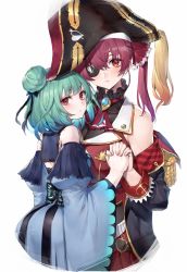 Rule 34 | 2girls, bodysuit, coat, cowboy shot, detached sleeves, double bun, dress, eyepatch, frilled dress, frills, gradient hair, green hair, hair bun, hair ribbon, hat, highres, holding hands, hololive, houshou marine, jewelry, looking at viewer, multicolored hair, multiple girls, off-shoulder coat, off shoulder, orange eyes, parted lips, pirate hat, red eyes, red hair, ribbon, shirt, short eyebrows, sleeveless, sleeveless shirt, twintails, upper body, uruha rushia, uruha rushia (1st costume), virtual youtuber, watao