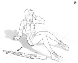 Rule 34 | 1girl, adjusting hair, an-94, an-94 (girls&#039; frontline), assault rifle, casual, circle a, commentary request, full body, girls&#039; frontline, grey scarf, gun, hairband, jacket, long hair, looking at viewer, on ground, rifle, scarf, shadow, shoes, shorts, sitting, sketch, sneakers, solo, weapon