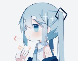 Rule 34 | 1girl, puff of air, aqua eyes, aqua hair, aqua necktie, bare shoulders, black sleeves, closed mouth, commentary, detached sleeves, expressionless, grey background, hair ornament, hatsune miku, hikimayu, looking at viewer, looking to the side, necktie, notice lines, shirt, shoulder tattoo, sleeveless, sleeveless shirt, solo, sparkle, syare 0603, tattoo, twintails, upper body, v, vocaloid, white shirt
