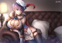 Rule 34 | 1girl, arm warmers, artist name, bad id, bad pixiv id, black thighhighs, breasts, cape, cleavage, cleavage cutout, clothing cutout, couch, earrings, elbow gloves, fur trim, gloves, groin, hat, hat feather, hi-na1, indoors, jewelry, lamp, large breasts, leona (sennen sensou aigis), looking at viewer, navel, navel cutout, on couch, pillow, pouch, purple eyes, purple hair, red cape, sennen sensou aigis, short hair, sitting, thigh strap, thighhighs, white gloves, white hat