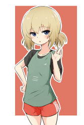Rule 34 | 1girl, :o, alternate hairstyle, blonde hair, blue eyes, border, commentary, cowboy shot, girls und panzer, grey shirt, gym shorts, hair up, hand on own hip, highres, katyusha (girls und panzer), looking at viewer, low twintails, nasunael, one-hour drawing challenge, outline, parted lips, raglan sleeves, red background, red shorts, shirt, short hair, short shorts, short sleeves, short twintails, shorts, solo, sportswear, standing, t-shirt, twintails, waving, white border, white outline