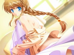 Rule 34 | 1girl, bare shoulders, braid, brown hair, censored, convenient censoring, dutch angle, jewelry, long hair, looking back, pajamas, shirley (tanodan), single braid, solo, sword world, sword world 2.0, sword world 2.0 replay tanodan, undressing, usui rina