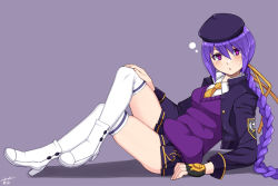 Rule 34 | 1girl, alternate costume, ankle boots, beret, blush, boots, braid, breasts, crest, cropped jacket, crossed legs, eltnum, fingerless gloves, full body, gloves, hair ornament, hat, high collar, long braid, long hair, looking at viewer, medium breasts, melty blood, miniskirt, necktie, over-kneehighs, pink eyes, pleated skirt, purple background, purple hair, reclining, signature, single braid, single glove, sion eltnam atlasia, skirt, solo, suzuna (najaran), sweater, thighhighs, thighs, tsukihime, under night in-birth, v-neck, very long hair, white footwear, white thighhighs