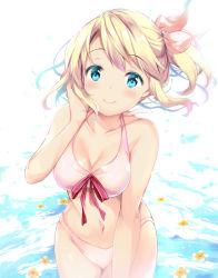 Rule 34 | 1girl, bad id, bad pixiv id, bare arms, bare shoulders, bikini, blonde hair, blue eyes, blush, breasts, cleavage, collarbone, commentary request, flower, hair ribbon, hand up, head tilt, long hair, looking at viewer, medium breasts, navel, orange flower, original, pink bikini, ribbon, smile, solo, standing, suihi, swimsuit, water, water surface, white background, white ribbon