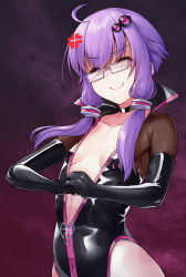 Rule 34 | &gt;:), 1girl, ahoge, anger vein, black bodysuit, black choker, black gloves, bodysuit, breasts, breasts apart, choker, clenched hand, closed eyes, closed mouth, collarbone, cosplay, elbow gloves, facing viewer, fate/grand order, fate (series), glasses, gloves, grey-framed eyewear, hair ornament, highres, koyanskaya (assassin) (first ascension) (fate), koyanskaya (fate), koyanskaya (fate) (cosplay), open bodysuit, open clothes, partially unzipped, purple hair, shaded face, short hair with long locks, sidelocks, small breasts, smile, solo, tamamo (fate), tenneko yuuri, upper body, v-shaped eyebrows, voiceroid, yuzuki yukari, zipper pull tab