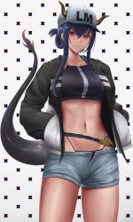 Rule 34 | 1girl, absurdres, arknights, baseball cap, belt, bikini, bikini under clothes, black bikini, black hair, black jacket, blue hair, blue shorts, breasts, ch&#039;en (arknights), ch&#039;en the holungday (arknights), ch'en (arknights), closed mouth, cowboy shot, dragon girl, dragon horns, dragon tail, eko.art, female tourist c (arknights), folded ponytail, grey shorts, hands in pockets, hat, heart, highres, horns, horns through headwear, jacket, large breasts, long hair, long sleeves, looking at viewer, navel, open clothes, open fly, open jacket, open shorts, patterned background, red eyes, short shorts, shorts, sidelocks, smile, solo, standing, stomach, swimsuit, tail, thighs, white hat