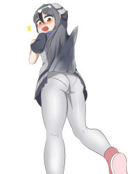 Rule 34 | 10s, 1girl, ass, bird tail, bird wings, black hair, blush, clothes lift, embarrassed, fang, from behind, from below, grey hair, grey pantyhose, grey shirt, head wings, highres, kemono friends, long hair, looking down, multicolored hair, open mouth, orange eyes, pantyhose, pantylines, rock pigeon (kemono friends), scorpion (js60216), shirt, simple background, skirt, skirt lift, solo, surprised, tail, wings