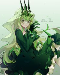 Rule 34 | 1girl, :d, absurdres, artist name, black gloves, claw ring, crown, dress, gloves, green background, green dress, green eyes, green hair, grin, highres, honkai (series), honkai impact 3rd, liv livvu, long hair, long sleeves, looking at viewer, mobius (honkai impact), open mouth, smile, solo, teeth, veil