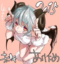 Rule 34 | 10s, 1girl, 2015, alternate costume, azuki (azuki-taste), bat wings, blue hair, dress, horns, looking at viewer, looking up, md5 mismatch, no headwear, pink background, red eyes, remilia scarlet, resized, resolution mismatch, sheep horns, short hair, simple background, smile, solo, source larger, text focus, touhou, wings, wrist cuffs