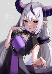Rule 34 | 1girl, bead necklace, beads, belt, black belt, black dress, blush, braid, capelet, demon horns, dress, grey hair, hair between eyes, hair ornament, hair scrunchie, highres, hololive, horns, jewelry, la+ darknesss, leaning to the side, long hair, looking at viewer, low twintails, multicolored hair, necklace, open mouth, pointy ears, purple dress, purple hair, purple scrunchie, scrunchie, solo, streaked hair, striped horns, twintails, two-tone dress, very long hair, virtual youtuber, yellow eyes, yukisuke (user gtmm7833)