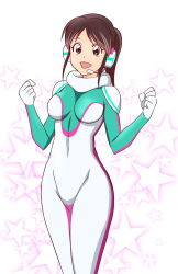 Rule 34 | bodysuit, breasts, brown eyes, brown hair, clenched hands, headset, impossible clothes, looking at viewer, mihara futaba, open mouth, pilot suit, shinkalion (series), shinkansen henkei robo shinkalion, shoulder pads, skin tight, star (symbol), tenshinrou ryouichi, white background, white bodysuit