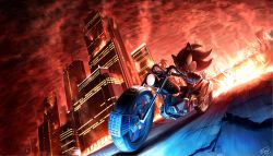 Rule 34 | 1boy, artist name, destruction, driving, explosion, fire, furry, furry male, highres, male focus, motor vehicle, motorcycle, no humans, rasein, red eyes, sega, shadow the hedgehog, shadow the hedgehog (game), solo, sonic (series), tagme, vehicle
