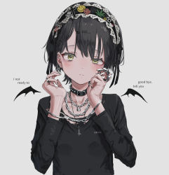 Rule 34 | 1girl, absurdres, bad id, bad twitter id, black nails, black shirt, blush, chain, chain necklace, claw ring, closed mouth, clothes writing, collar, cross, cross necklace, cuffs, ear piercing, english text, engrish text, gishiki (gshk), grey background, hair between eyes, hair ornament, hairclip, handcuffs, highres, jewelry, long sleeves, maid headdress, multiple rings, nail polish, necklace, original, piercing, ranguage, ring, shirt, simple background, solo, spiked collar, spikes, upper body, wings, yellow eyes